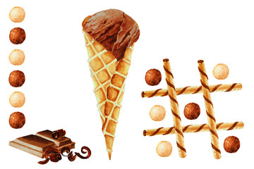 Set of chocolate ice cream, waffle sticks, crispy balls, watercolor.