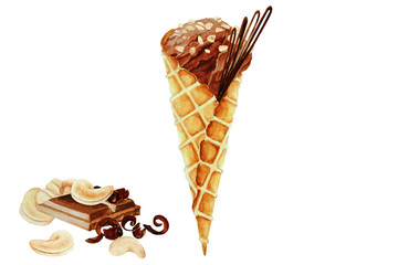 Chocolate ice cream with cashew nuts in a waffle cone, watercolor.