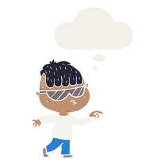 cartoon boy wearing sunglasses pointing and thought bubble in retro style