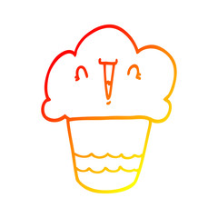 warm gradient line drawing cartoon cupcake with face