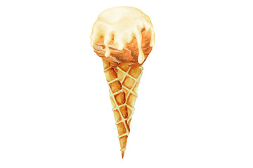 Caramel ice cream with a white chocolate in a cone, watercolor illustration.