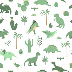 Vector seamless pattern with cute green dinosaurs with palm trees, cactus, stones, footprints, bones for children. Dino flat cartoon character background. Cute prehistoric reptile illustration..