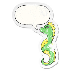 cartoon sea horse and speech bubble distressed sticker