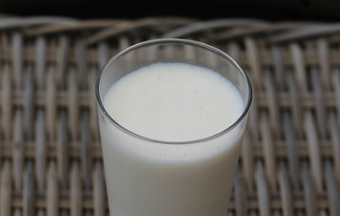 Self made vanilla milkshake in glass on reed background