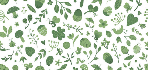 Naklejka premium Vector seamless pattern of cute flat woodland insects and plants. Forest elements repeating background. Beautiful childish design for stationery, textile, wallpapers. Funny creatures ornament.