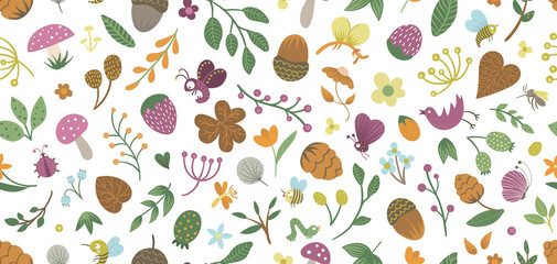 Vector seamless pattern of cute flat woodland insects and plants. Forest elements repeating background. Beautiful childish design for stationery, textile, wallpapers. Funny creatures ornament. .