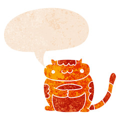 cute cartoon cat and speech bubble in retro textured style