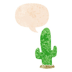 cartoon cactus and speech bubble in retro textured style