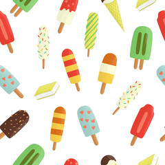 Vector seamless pattern of colorful ice-cream. Sweet summer dessert texture. Repeating background of ice isolated on white background..