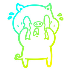 cold gradient line drawing crying pig cartoon