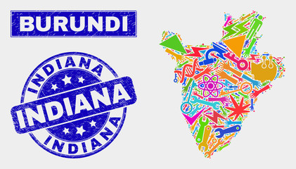 Mosaic tools Burundi map and Indiana stamp. Burundi map collage formed with random colored tools, hands, service elements. Blue rounded Indiana watermark with dirty texture.