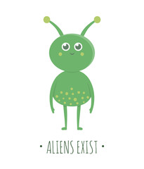 Vector alien illustration for children. Bright and cute flat picture of green extraterrestrial creature isolated on white background. Space concept.  .