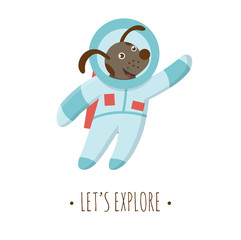 Vector astronaut dog illustration for children. Bright and cute flat picture of smiling animal cosmonaut isolated on white background. Space exploration concept.  .