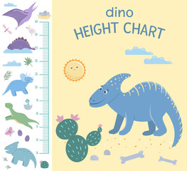 Vector dinosaur height chart. Picture with prehistoric dino elements for children. Measurement Scale with cute reptiles..