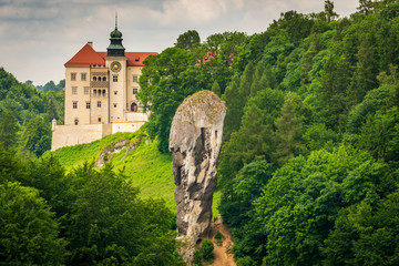      Castle on the hill in Ojcow National Park Poland - Pieskowa Skala, Hercules's mace rock  - obrazy, fototapety, plakaty