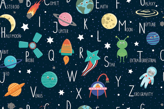Space alphabet seamless pattern for children. Cute flat English ABC repeating background with galaxy, stars, astronaut, alien, planet, spaceship, probe, comet, asteroid.