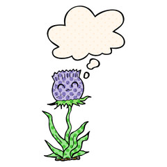 cartoon thistle and thought bubble in comic book style
