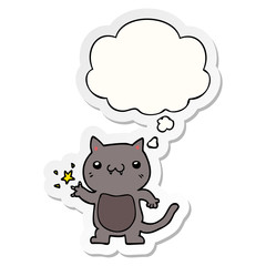 cartoon cat scratching and thought bubble as a printed sticker