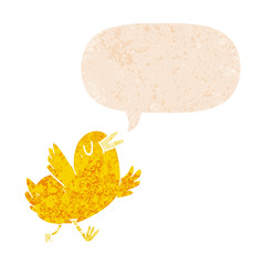 cartoon happy bird and speech bubble in retro textured style