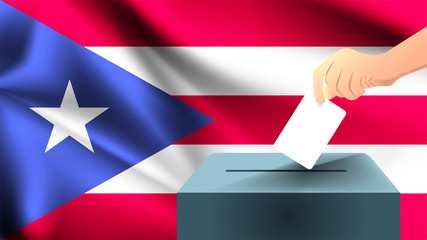 Male hand puts down a white sheet of paper with a mark as a symbol of a ballot paper against the background of the Puerto rico flag, puerto rico the symbol of elections