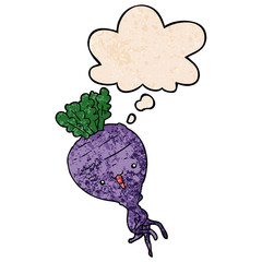 cartoon turnip and thought bubble in grunge texture pattern style