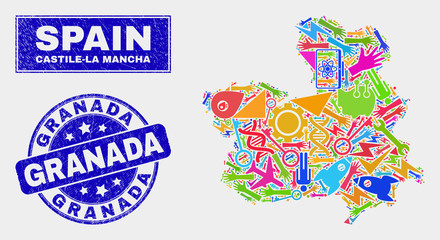 Mosaic tools Castile-La Mancha Province map and Granada seal stamp. Castile-La Mancha Province map collage made with scattered colorful tools, palms, service symbols.