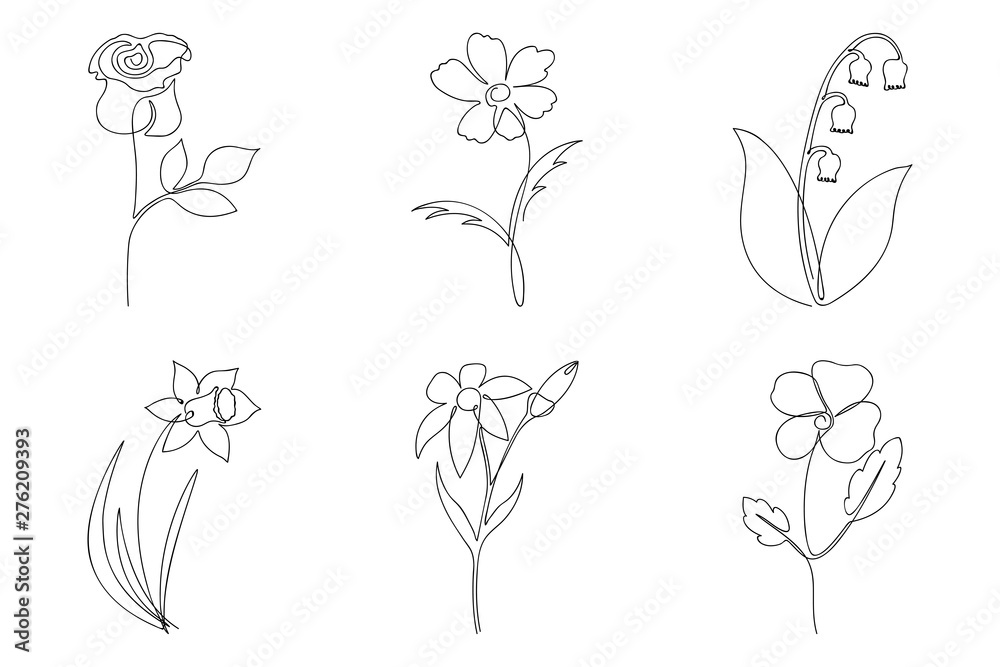 Poster continuous line flower set. one line drawing of different flowers. hand-drawn minimalist illustratio