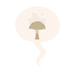cartoon mushroom and spore cloud and speech bubble in retro style