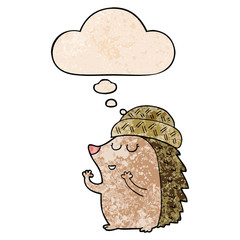 cartoon hedgehog wearing hat and thought bubble in grunge texture pattern style