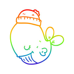 rainbow gradient line drawing cartoon whale wearing hat