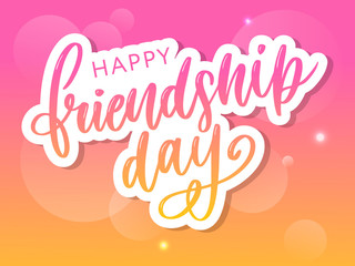 Vector illustration of hand drawn happy friendship day felicitation in fashion style with lettering text sign and color triangle for grunge effect isolated on white background