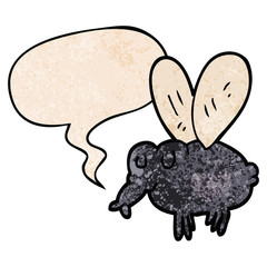 cartoon fly and speech bubble in retro texture style