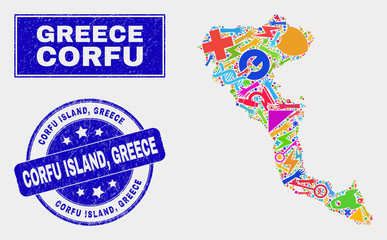 Mosaic service Corfu Island map and Corfu Island, Greece seal stamp. Corfu Island map collage made with scattered bright equipment, palms, service elements. Blue round Corfu Island,