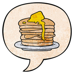 cartoon stack of pancakes and speech bubble in retro texture style