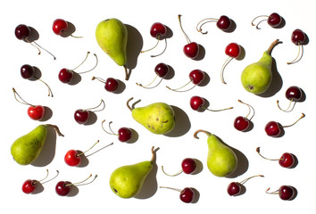 Cherries and pears pattern isolated on white background. Fresh. Nature.