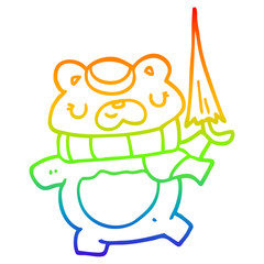 rainbow gradient line drawing cartoon bear with umbrella