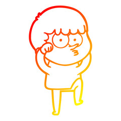warm gradient line drawing cartoon curious boy rubbing eyes in disbelief
