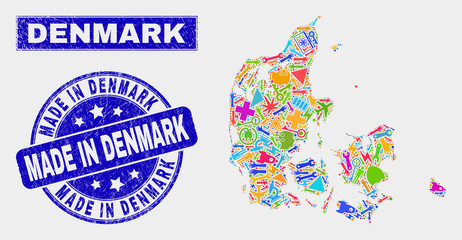 Mosaic tools Denmark map and Made in Denmark seal stamp. Denmark map collage composed with randomized colorful tools, hands, security items.