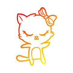 warm gradient line drawing cute cartoon cat with bow