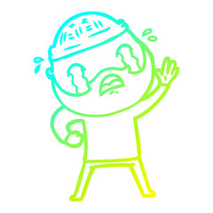 cold gradient line drawing cartoon bearded man waving and crying