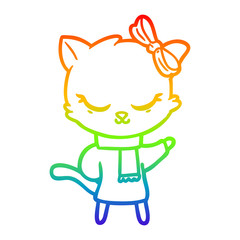 rainbow gradient line drawing cute cartoon cat with bow