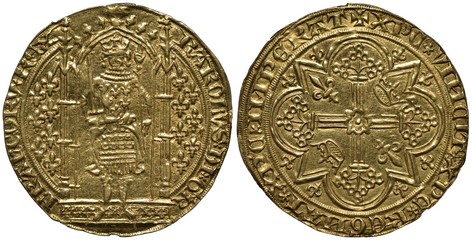 France French golden coin 1 one franc 1365, ruler Charles V, figure standing at some porch holding sword and scepter, numerous lilies flank, stylized cross with crowns and lilies between rays, 