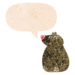 cute cartoon bear and speech bubble in retro textured style