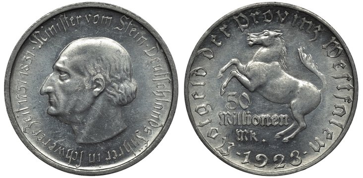 Germany German Westphalia aluminum coin 50000000 fifty million mark 1923, hyperinflation issue, head of Minister von Stein left, horse above value, date below, - Powered by Adobe