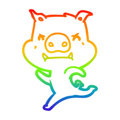 rainbow gradient line drawing angry cartoon pig charging