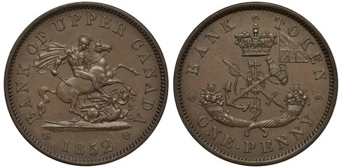 Canada Canadian Bank of Upper Canada copper token 1 one penny 1852, St George on horse killing dragon, crossed sword and anchor above two horns of plenty, crown above, - obrazy, fototapety, plakaty