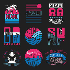 Set of vector images of t-shirts with summer and surf themes. Surfing. For use in typography, logos, badges and other uses.