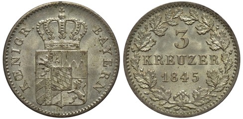 Germany German Bavaria Bavarian silver coin 3 three kreuzer 1845, crowned shield with lions and  various stripes, denomination and date within oak wreath, 