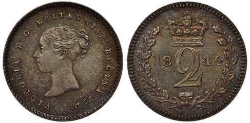 Great Britain British silver coin 2 two pence 1842, Maundy money, head of Queen Victoria left,...
