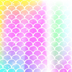Rainbow scales background with kawaii mermaid princess pattern. Fish tail banner with magic sparkles and stars. Sea fantasy invitation for girlie party. Plastic backdrop with rainbow scales.